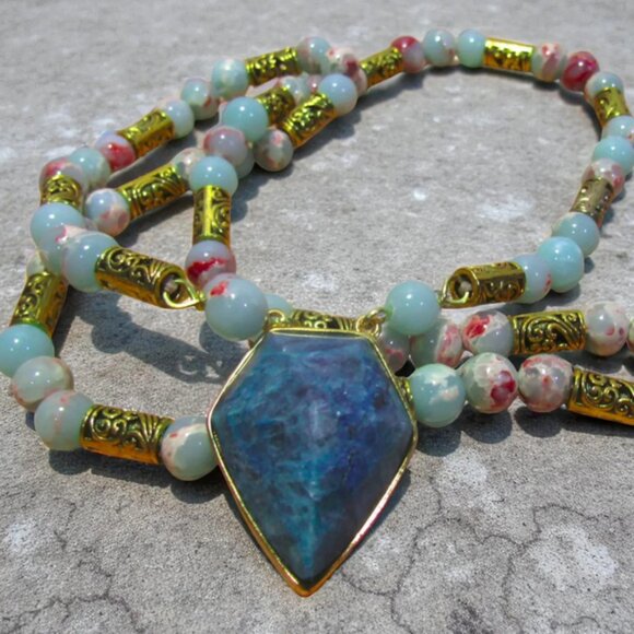 NEW Handmade Blue Agate Necklace with Aqua Terra Jasper Stone Beads. - Picture 1 of 7